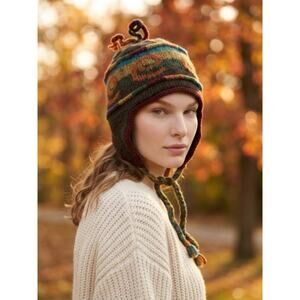 Lost Horizons Nepal Hat Unisex OS Wool Knit Handmade Multicolor Ear Flaps Winter